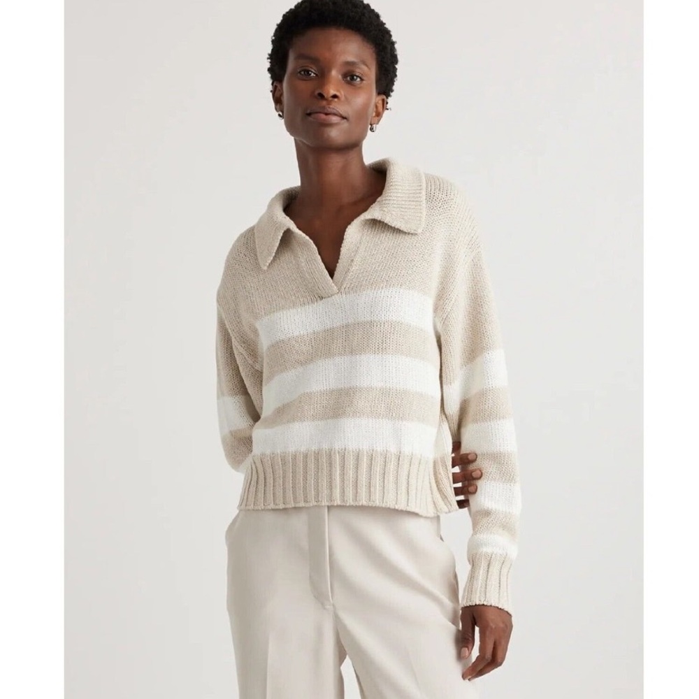 Quince 100% Organic Cropped Cotton Polo Sweater Beige Ivory Stripe Small